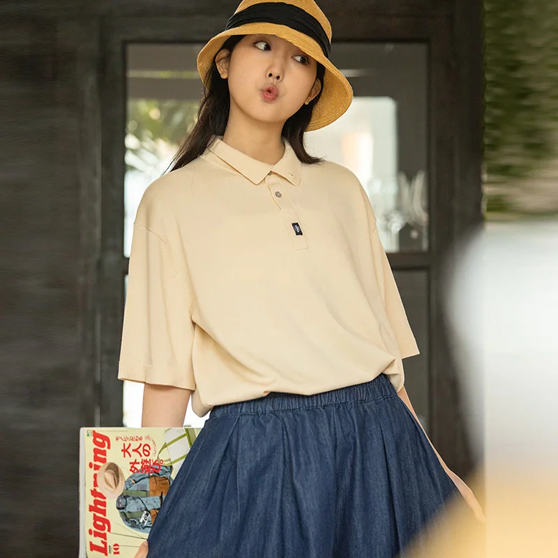 Maden Vintage Rajutan Lengan Pendek Polo Shirt untuk Wanita Warna Solid Kasual Longgar 3-Tombol T-shirt Musim Panas Olahraga Seragam Atasan Tee - 3