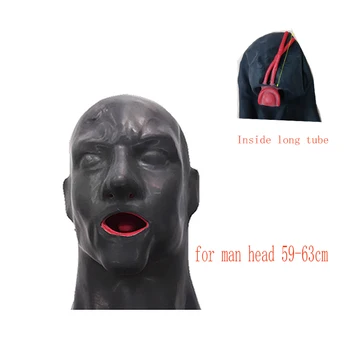 Masker Karet Tudung Lateks 3D Panas Tudung Fetish Mata Tertutup dengan Sumbat Mulut Merah Tabung Hidung Lidah Selubung Panjang dan Pendek untuk Pria