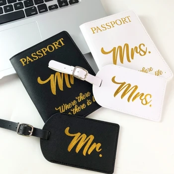 Mr Mrs Pemegang Paspor Penutup Tag Bagasi Dompet Kartu Kulit PU Hadiah Perjalanan Pernikahan Pengantin Drop Pengiriman