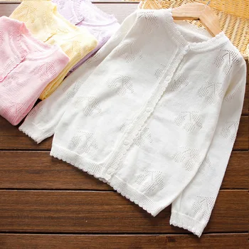 Musim Panas Anak Perempuan Hollow Out Knit Cardigan Lengan Panjang Pakaian Rajut Jaket Pakaian Luar 90-140 Cm BB133