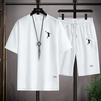 Musim Panas Baru Pria Pakaian Latihan Yg Hangat Kain Linen T-shirt dan Celana Pendek Dua Sepotong Set Pria Olahraga Suit Fashion Bernapas Set