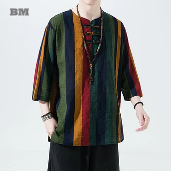 Musim Panas Gaya Cina Katun Linen Garis-garis Lengan Pendek Plus Ukuran T-shirt Pakaian Pria Harajuku Atasan Bermotif Hanfu Pria