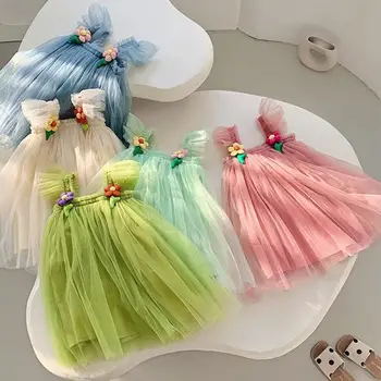 Musim Panas Putri Gadis Tulle Super Peri Gaun Pelangi Bunga Pesta Tutu Gaun Anak Mesh Bengkak Ulang Tahun Vestidos Pakaian