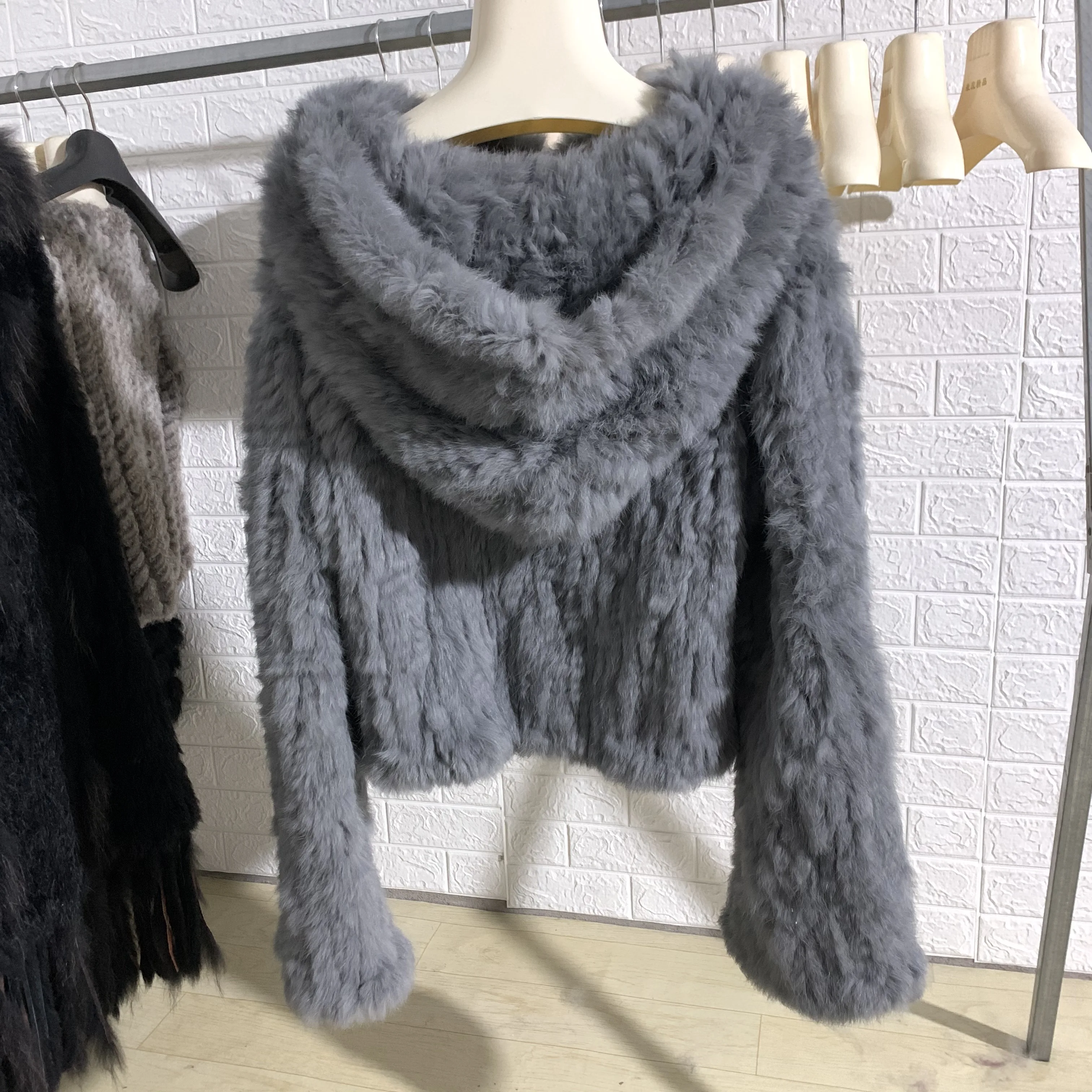 Musim Gugur Musim Dingin Wanita Mantel Bulu Kelinci Asli Jaket Bulu Alami 100% Longgar Kualitas Tenun Manual Streetwear Bertudung Lengan Suar Baru - 5