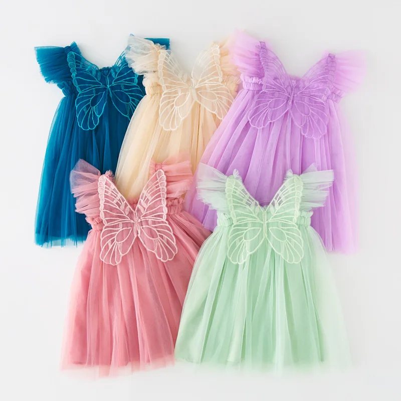Musim Panas Baru Bayi Perempuan Pakaian Warna Solid Terbang Lengan Sayap Kupu-kupu Dekoratif Gadis Kecil Gaun Manis Putri Bayi Gaun - 0