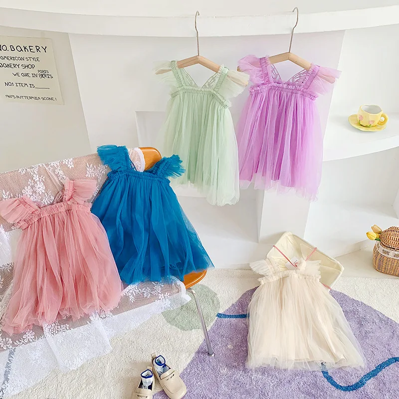 Musim Panas Baru Bayi Perempuan Pakaian Warna Solid Terbang Lengan Sayap Kupu-kupu Dekoratif Gadis Kecil Gaun Manis Putri Bayi Gaun - 1