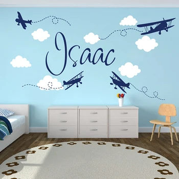 Nama Kustom Pesawat Awan Jet Stiker Dinding Kamar Anak Laki-laki Kamar Anak-anak Nama Pribadi Stiker Dinding Langit Pertempuran Pesawat Ruang Bermain Vinil