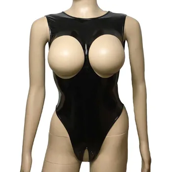 Pakaian Dalam Seksi Wanita Teddies Shiny Gloss Kulit PU Bodysuit Selangkangan Terbuka Payudara Catsuit Triko Erotis Pakaian Dalam untuk Wanita