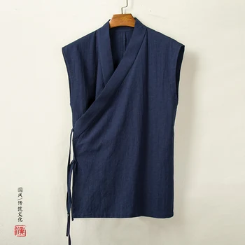 Pakaian Tradisional Cina Rompi Hanfu Atasan Tanpa Lengan Katun Linen Pria Setelan Tang Kardigan Kimono Atasan Celah Pria
