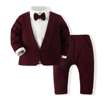 Pakaian Ulang Tahun Bayi ke-1 Pakaian Musim Gugur Pria Setelan Pesta Anak Laki-laki 1 2 3 Tahun Celana Solid Palsu 2 Buah Set Kostum Pernikahan Balita