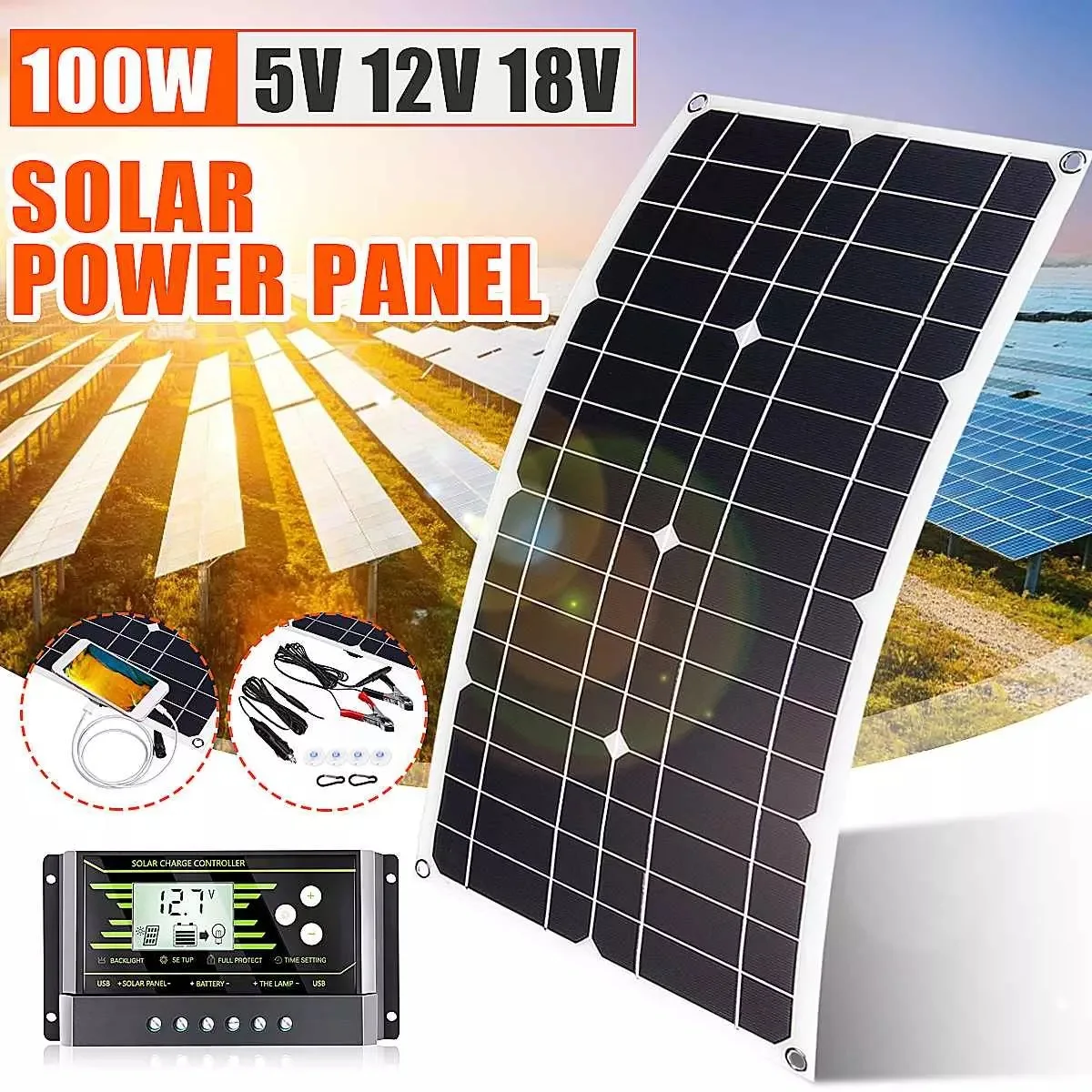 Panel Tenaga Surya / Solar Panel 100W Kit Lengkap 12V 18V dengan Pengontrol USB Sel Surya untuk Mobil Kapal Pesiar Perahu RV Pengisi Daya Baterai Ponsel Moblie - 4