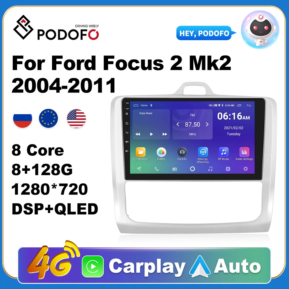 Pemutar Multimedia Radio Carplay Android Mobil Podofo untuk Ford Focus 2 Mk2 2004-2011 Video Radio Otomatis 2 Din GPS Suara AI Navi WiFi - 0