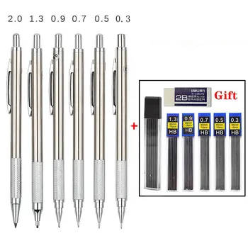 Pensil Mekanik Full Metal 0.3/0.5/0.7/0.9/1.3/2.0 mm Seni Sketsa Lukisan Otomatis Pensil dengan Lead Kantor Sekolah