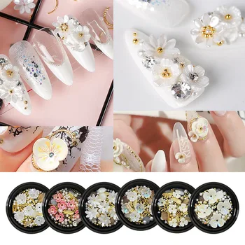 Perhiasan Bunga Cangkang Seni Kuku Opal Berlian Keling Mutiara Jepang Pesona Seni Kuku 3D Perhiasan Hiasan Manik-manik Kaviar Dekorasi Kuku