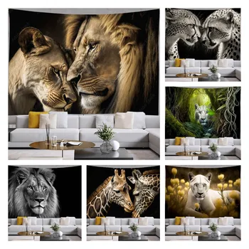 Permadani Hewan Hiasan Dinding Permadani untuk Kamar Tidur Permadani Singa Harimau Jerapah Rubah Dekorasi Ruang Tamu Dekorasi Estetika Seni Hippie