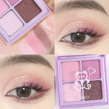 Pink Glitter 4 Warna Palet Eyeshadow Lucu Matte Tahan Lama Pigmen Makeup Ungu Tahan Air Mutiara Mencerahkan Kosmetik Mata