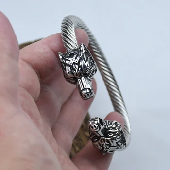 Pria Stainless Steel Oding Serigala Gelang Amulet Nordic Viking Celtic Serigala Kepala Gelang Perhiasan
