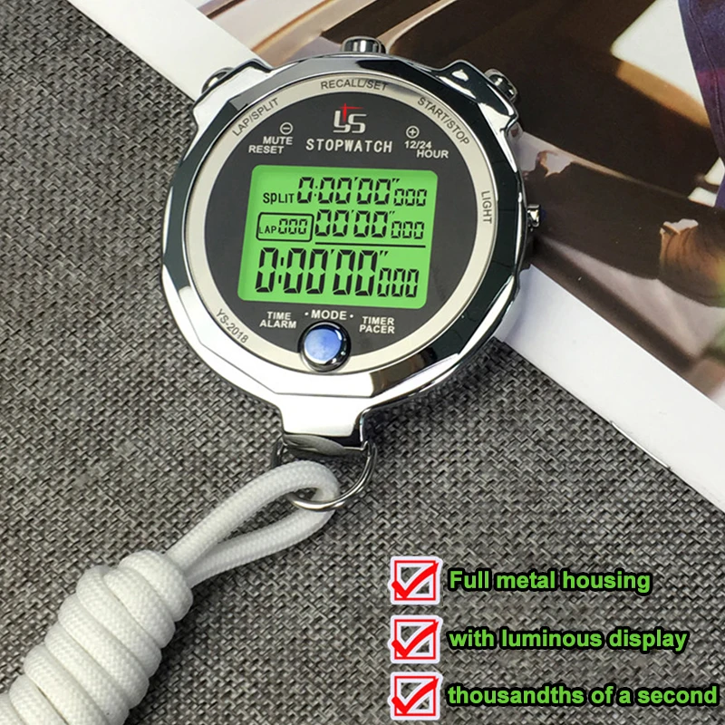 Profesional Digital Stopwatch 0.001 S Presisi Bercahaya Penghitung Waktu Mundur 100/200 Saluran Memori Wasit Latihan Lari Timer - 1