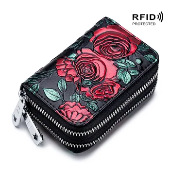 RFID Blocking Wanita Pemegang Kartu Kulit Split Double Zipper Kartu Case Kapasitas Besar 3D Bunga Dicetak Wanita Dompet Dompet