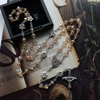 Rantai Manik-manik Kristal Warna Sampanye Salib Salib Hati Bunda Maria' Doakan Kami ' Kalung Rosario Medali Perhiasan Konfirmasi Remaja