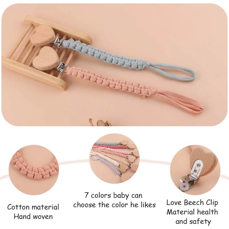 Rantai Dot Bayi Kain Katun Kepang Tangan Buatan Tangan Bentuk Hati Klip Dot Boneka Kayu Tempat Puting Gigi Mainan Gigi Bayi - 2