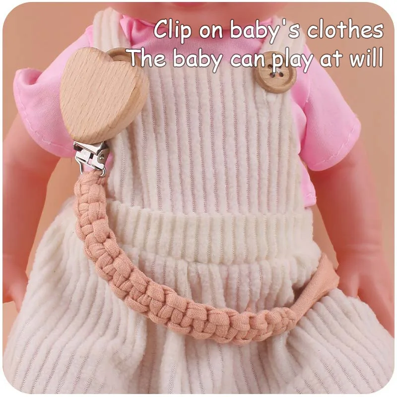 Rantai Dot Bayi Kain Katun Kepang Tangan Buatan Tangan Bentuk Hati Klip Dot Boneka Kayu Tempat Puting Gigi Mainan Gigi Bayi - 4
