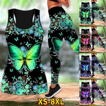 Rompi Musim Panas Wanita Celana Yoga Pola Kupu-kupu Pola Warna-warni Pantat Pemahat Tubuh Set Lari XS-8XL