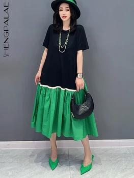SHENGPALAE Gaun Blok Warna Mode Korea untuk Wanita Gadis Trendi Gaun Kerut Pribadi Elegan Chic Musim Panas 2023 Baru 5R2196