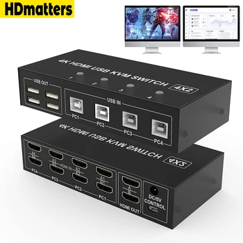 Sakelar KVM HDMI 4 Port Monitor Ganda 4X2 Tampilan Diperpanjang 4K@60Hz Pengalih KVM USB 2X2 4 in 2 out untuk Mouse Keyboard Berbagi 4 Buah