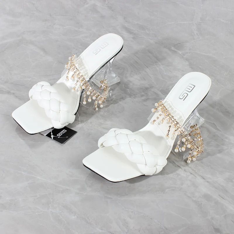 Sandal Wanita Musim Panas Produk Baru Rantai Mode Mutiara PU Tenunan Tangan Sandal Wanita Hak Tinggi Sepatu Pesta Pernikahan 7.5 CM - 3