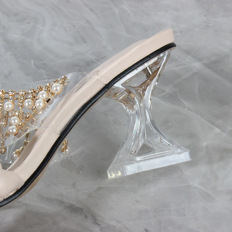 Sandal Wanita Musim Panas Produk Baru Rantai Mode Mutiara PU Tenunan Tangan Sandal Wanita Hak Tinggi Sepatu Pesta Pernikahan 7.5 CM - 5