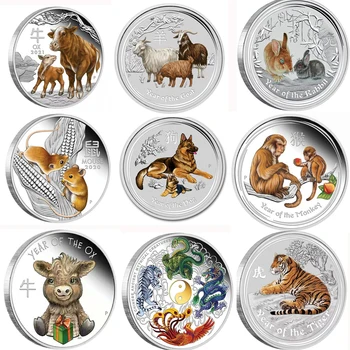 Sangat Indah Australia Koin Perak Hewan Berwarna-warni Tahun Naga Sapi Tikus Anjing Harimau Elizabeth II Koin Peringatan Hadiah
