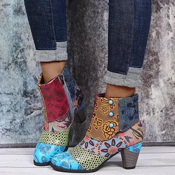 Sepatu Bot Pergelangan Kaki Wanita Fashion 2023 Sepatu Bot Kulit Pendek Hak Tebal Runcing Penyambungan Cetak PU Sepatu Wanita Musim Gugur Kasual WSH4259