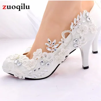 Sepatu Pernikahan Putih Sepatu Hak Tinggi Wanita Pengantin Wanita Sepatu Pesta Berlian Kristal Pompa Sepatu Wanita Zapatos Tacon Mujer