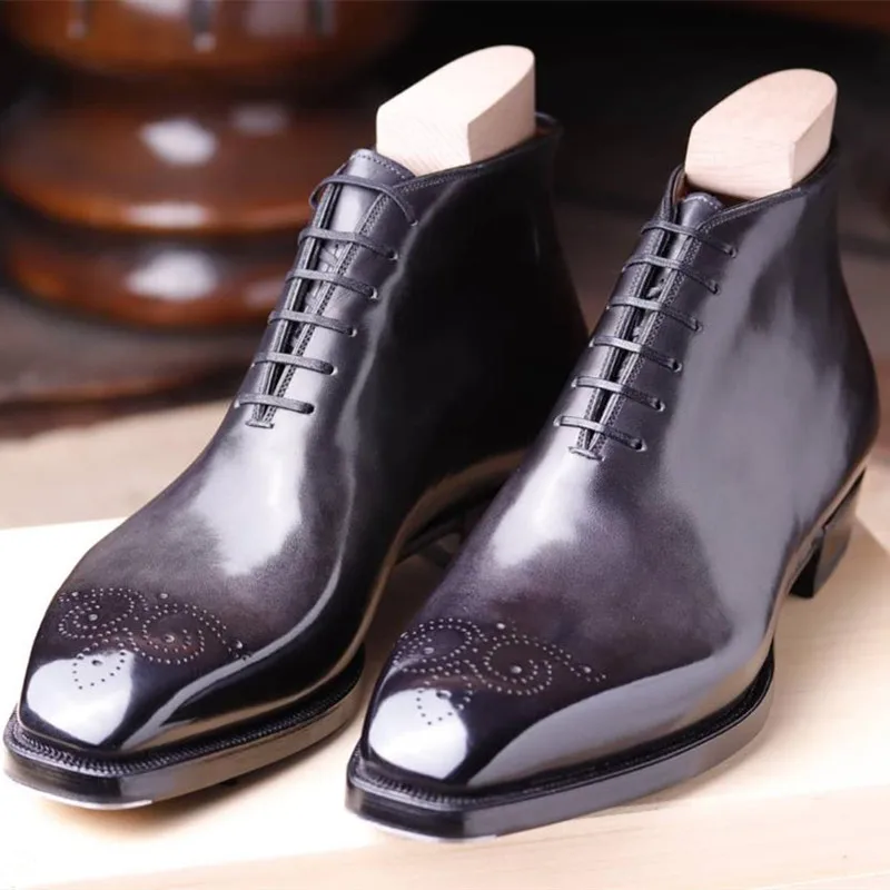Sepatu Bot Pendek Pria Sepatu Bot Koboi Bisnis Buatan Tangan Pergelangan Kaki Persegi Bertali Hitam Coklat Sepatu Bot Pria Modis Zapatos Hombre - 0