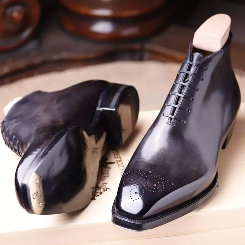 Sepatu Bot Pendek Pria Sepatu Bot Koboi Bisnis Buatan Tangan Pergelangan Kaki Persegi Bertali Hitam Coklat Sepatu Bot Pria Modis Zapatos Hombre - 1