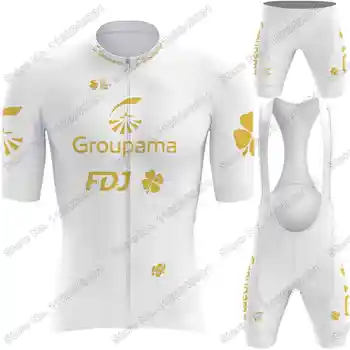 Set Jersey Bersepeda Tim Emas FDJ 2023 Pakaian Bersepeda Putih Setelan Kemeja Sepeda Jalan Pria Celana Pendek Bib Sepeda Seragam Berkuda MTB Seragam Bersepeda