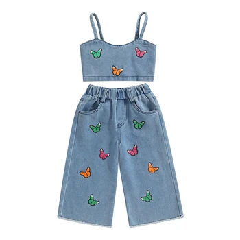 Set Pakaian Anak Perempuan Pakaian Anak Perempuan Balita Musim Panas Atasan Cami Gambar Kupu-kupu Tanpa Lengan + Setelan Anak Perempuan Jeans Pakaian Anak-anak