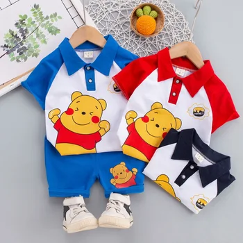 Set Pakaian Katun Bayi Laki-laki Pakaian Musim Panas Winnie The Pooh Kartun Lucu Anak-anak T-shirt Celana Pendek Pakaian Anak-anak 0 1 2 3 4 Tahun