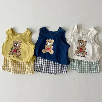 Set Pakaian Tanpa Lengan Bayi Baru Musim Panas 2023 Rompi Cetak Beruang Lucu Anak Laki-laki Bayi + Celana Pendek 2 Buah Setelan Pakaian Anak Perempuan Balita Katun