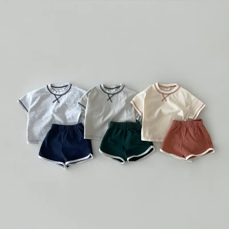 Set Pakaian Lengan Pendek Bayi Baru Musim Panas 2023 Kaus Solid Anak Laki-laki Perempuan + Celana Pendek 2 Buah Setelan Katun Pakaian Kasual Anak Balita - 0