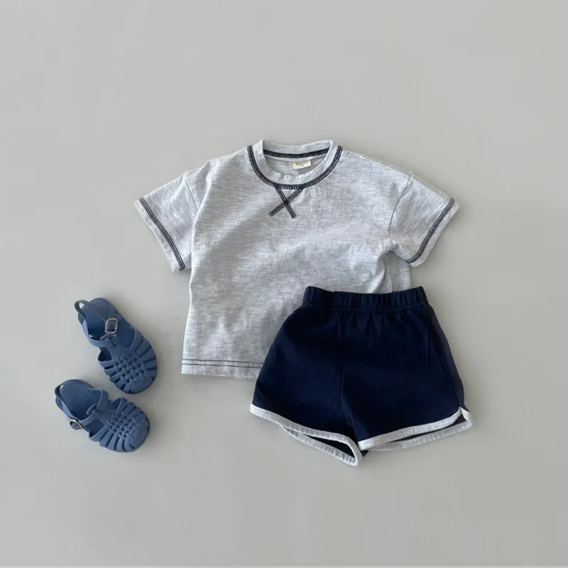 Set Pakaian Lengan Pendek Bayi Baru Musim Panas 2023 Kaus Solid Anak Laki-laki Perempuan + Celana Pendek 2 Buah Setelan Katun Pakaian Kasual Anak Balita - 3