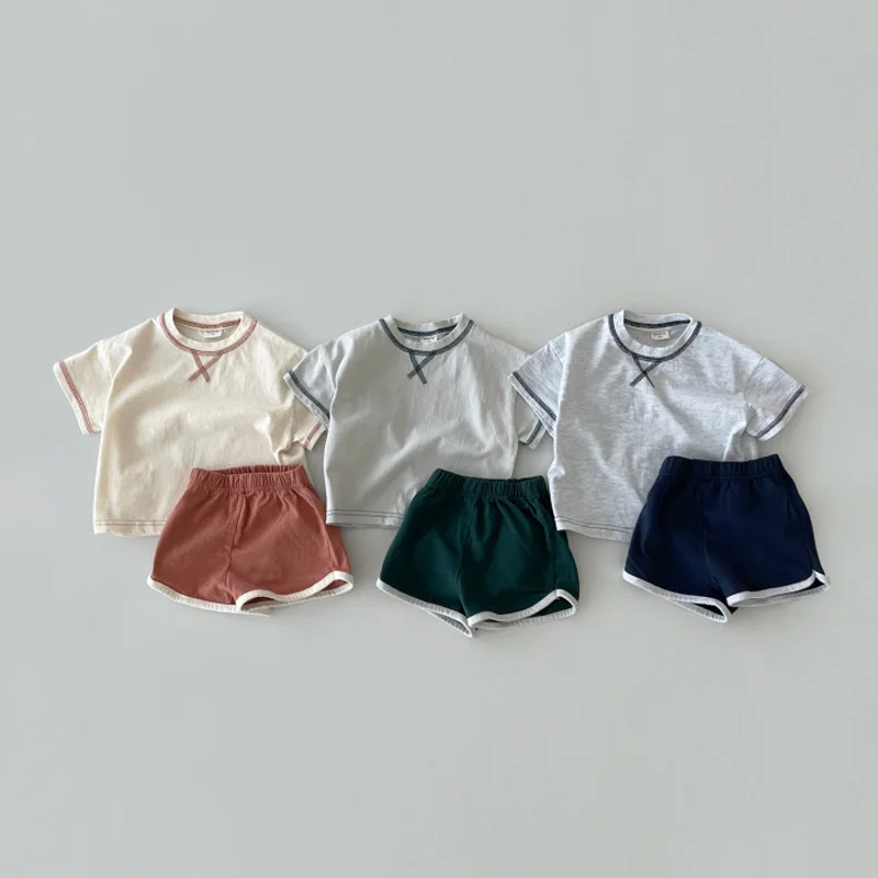 Set Pakaian Lengan Pendek Bayi Baru Musim Panas 2023 Kaus Solid Anak Laki-laki Perempuan + Celana Pendek 2 Buah Setelan Katun Pakaian Kasual Anak Balita - 4
