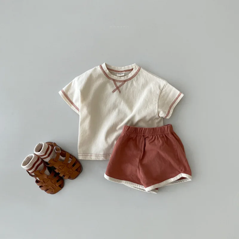 Set Pakaian Lengan Pendek Bayi Baru Musim Panas 2023 Kaus Solid Anak Laki-laki Perempuan + Celana Pendek 2 Buah Setelan Katun Pakaian Kasual Anak Balita - 5