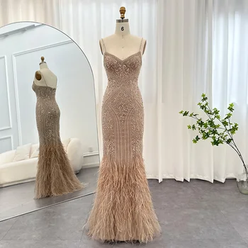 Sharon Said Gaun Malam Sampanye Bulu Mewah untuk Wanita Gaun Prom Pesta Panjang Putri Duyung Tali Spaghetti Pernikahan SS171