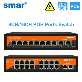 Smar 48V 8/16 Port Sakelar POE Ethernet 10/100Mbps IEEE 802.3 af / at untuk Kamera IP / Sistem Kamera Keamanan CCTV / AP Nirkabel