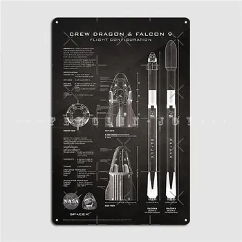Spacex Crew Dragon Pesawat Ruang Angkasa Falcon 9 Roket Cetak Biru Tanda Logam Bioskop Ruang Tamu Klub Bar Plakat Poster Tanda Timah