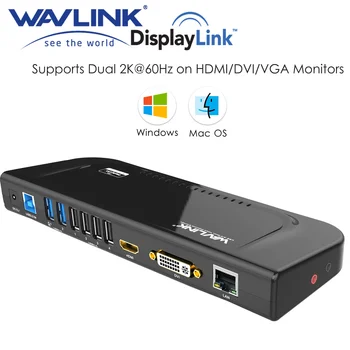 Stasiun Dok Displaylink Universal Wavlink USB 3.0 Mendukung Ethernet Gigabit Eksternal 2K@60Hz HDMI/DVI Ganda untuk Laptop / / PC / Mac