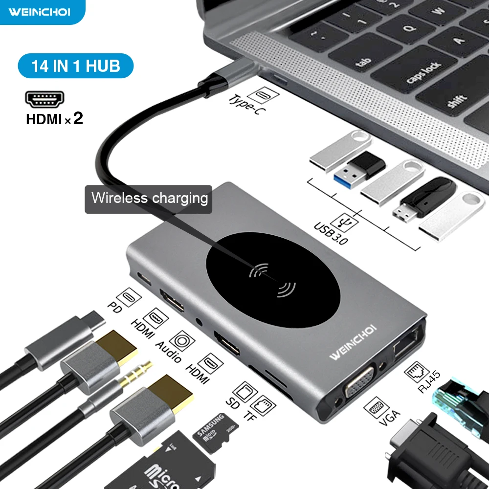 Stasiun Dok HUB USB Tipe C Ke Adaptor yang Kompatibel dengan HDMI OTG Vga RJ45 Lan Multi USB PD 3.0 USB-C untuk MacBook Pro Air 4KSplitter - 0