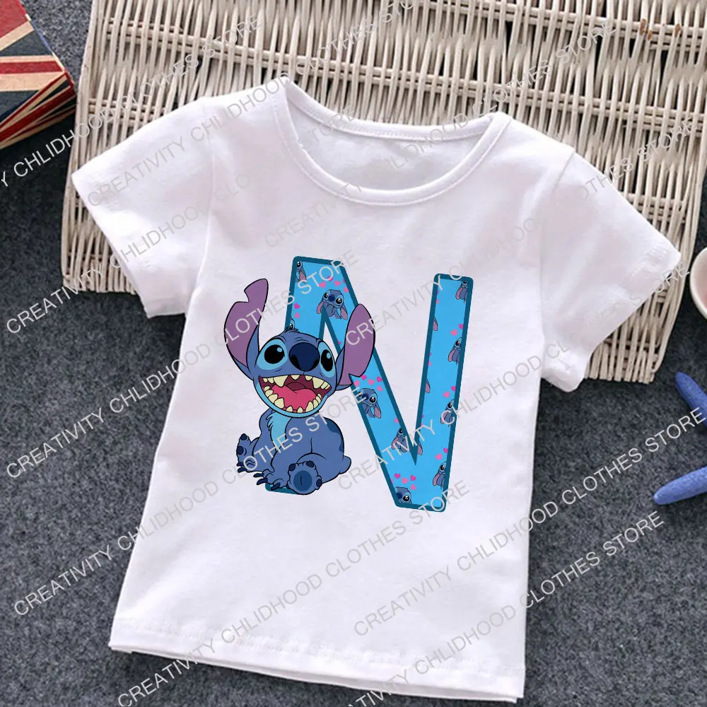 Stitch Huruf A-Z Anak-anak T-shirt Nama Kombinasi Kaos Kartun Kawaii Anak Pakaian Kasual Anak Perempuan Anak Laki-laki Fashion Harajuku Atasan - 1